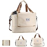 Foldable Travel Bag, 40L Duffle Bag for Travel with Multiple Pockets, Expandable Gym Carry On Bag, Overnight Weekender Bags for Women (Beige)