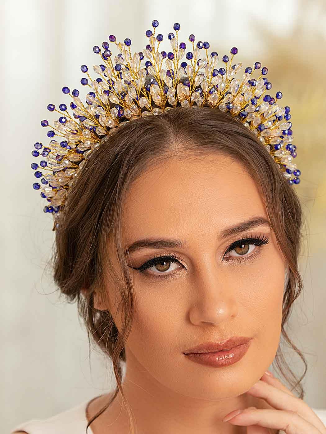 IYOU Halo Wedding Headband Crystal Blue Hair Bands Crown Beads Party Bridal Hair Accessories for Women