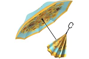 RainCaper Reverse Inverted (inside-out) Windproof Fine Art van Gogh Sunflowers Reverse-opening Upside Down Umbrella with C-shaped Handsfree Handle