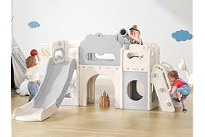 LISCHWERT Toddler Slide Indoor, 8 in 1 Indoor Playground for Kids 1-3 Toddler Playset with Climber, Basketball Hoop, Tunnel and Storage Space Kids Outdoor Slide Playset (Grey)