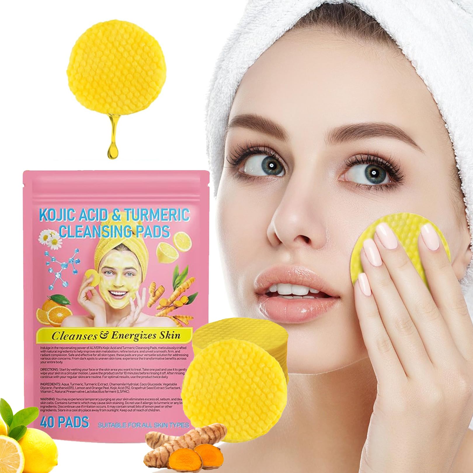 40 Pads Kojic Acid and Turmeric Pads,TurmericCleansingPads TurmericFacePads Balance Skin Oil And Water,Turmeric Kojic AcidPads TurmericPads for Face, Facial Sponges for Cleaning