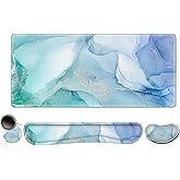 DINKY Keyboard Mouse Pad Set, Large Gaming Mousepad + Memory Foam Ergonomic Keyboard Wrist Rest Support, Easy Typing Pain Relief, 4Pcs (35.4" x 15.7") Extended Desk Mat-Blue Marble