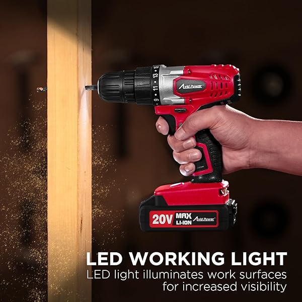 AVID POWER 20V MAX LITHIUM LON CORDLESS DRILL SET, POWER DRILL KIT WITH BATTERY AND CHARGER, 3/8-INCH KEYLESS CHUCK, VARIABLE SPEED, 16 POSITION AND 22PCS DRILL BITS (RED)