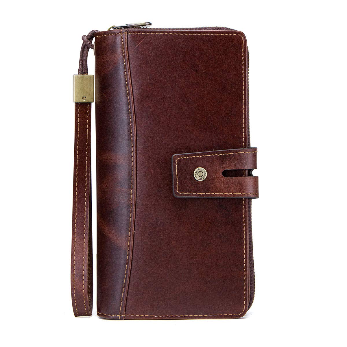 Contacts Genuine Leather Wallet for Mens/Women Secretary Checkbook Phone Holder Purse Zipper Bussiness Clutch with Wristband(Coffee)