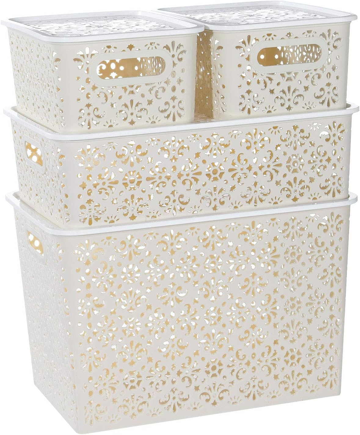 ANMINY Plastic Storage Baskets Set with Handles Removable Lids Stackable Lidded Bins Boxes Home Kitchen Cubes Closet Shelf Organizer Containers Weave Hollow Design 1 Large 1 Medium 2 Small - Beige: Home & Kitchen