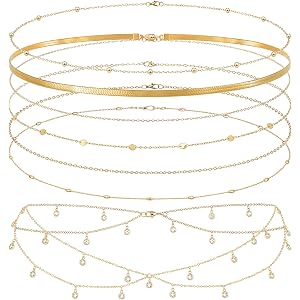7Pcs Waist Chain Set Summer Beach Bikini Belly Chains for Women | gold body jewelry, adjustable extension chain, 8 layered st