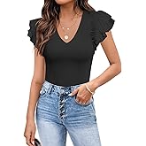 MISSJOY Womens V Neck Ruffle Short Sleeve Ribbed Slimming Basic Bodysuit Leotards Tops Blouses