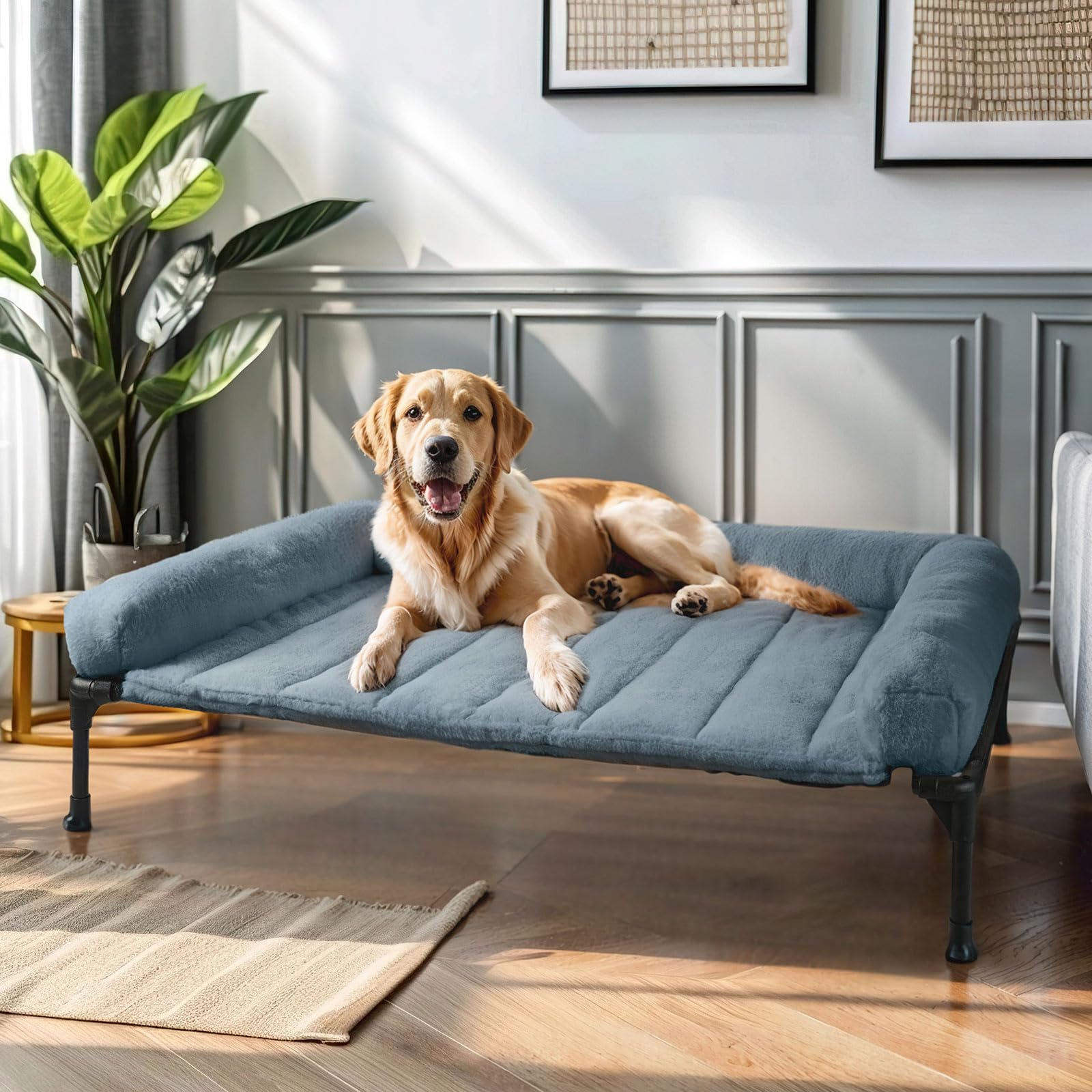 Photo 1 of Veehoo Cooling Elevated Dog Bed with Fluffy Plush Bolster Cushion, Indoor Raised Dog Beds for Large Dogs, Soft Pet Sofa Cot with Removable Washable Mat, No-Slip Feet, 42 x 30 inches, Haze Blue