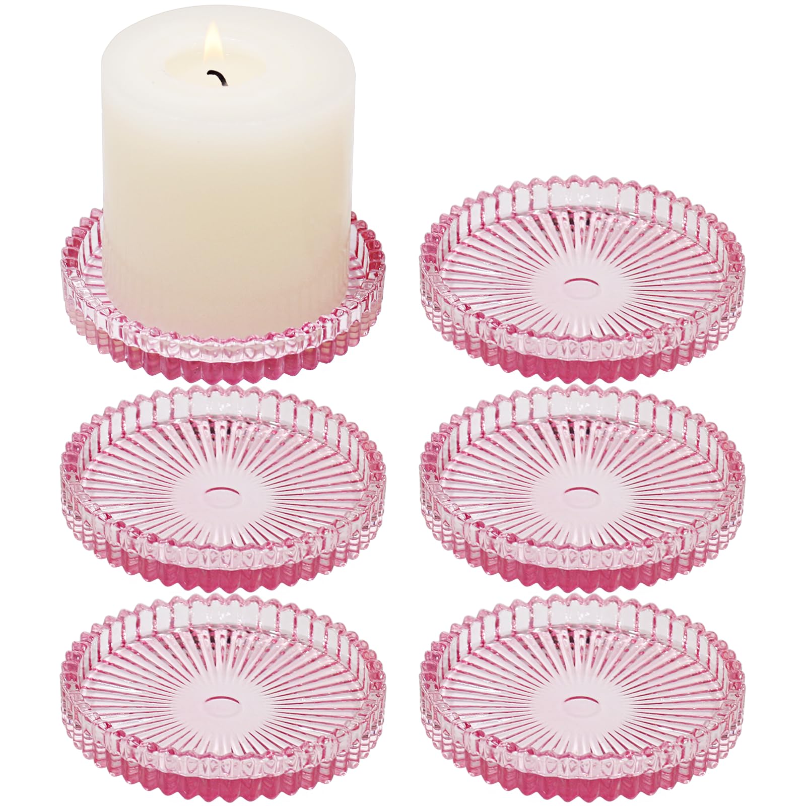 HofferRuffer Plates Candle Holders for Pillar Candles 6Pcs Pink