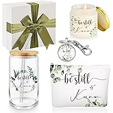 Singhoow 5 Pcs Christian Gifts for Church Women Grandparents Day Be Still & Know Religious Christian Glass Cup Bible Verse Keychain Prayer Candle Makeup Bag for Pastor Sunday School Teacher(Leaves)