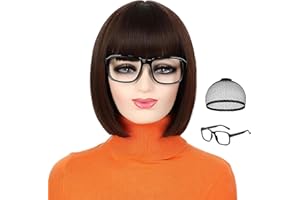 Wallden Hair Velma Wig + 1 Black Glasses + 1 Wig Cap Brown Bob Wig with Bangs for Women Short Bob Wig Women’s Costume Cosplay Halloween Party Daily Wig