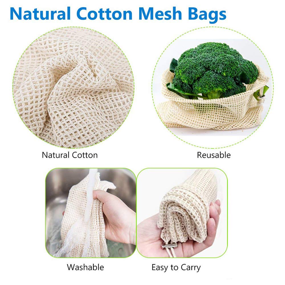 Reusable Produce Bags,Eco Friendly Biodegradable Natural Cotton Mesh Grocery Bag Washable Muslin Vegetable Bags Fruit Double Stitched Seams