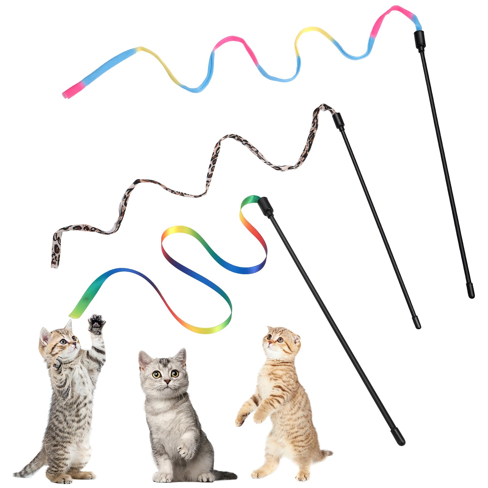 Amaxiu Cat Wand Toy Set, Interactive Cat Wand Toy with Rainbow Ribbon and Leopard Print Cloth Strings for Small Cats and Kittens - Indoor Training Catcher (3 Packs)