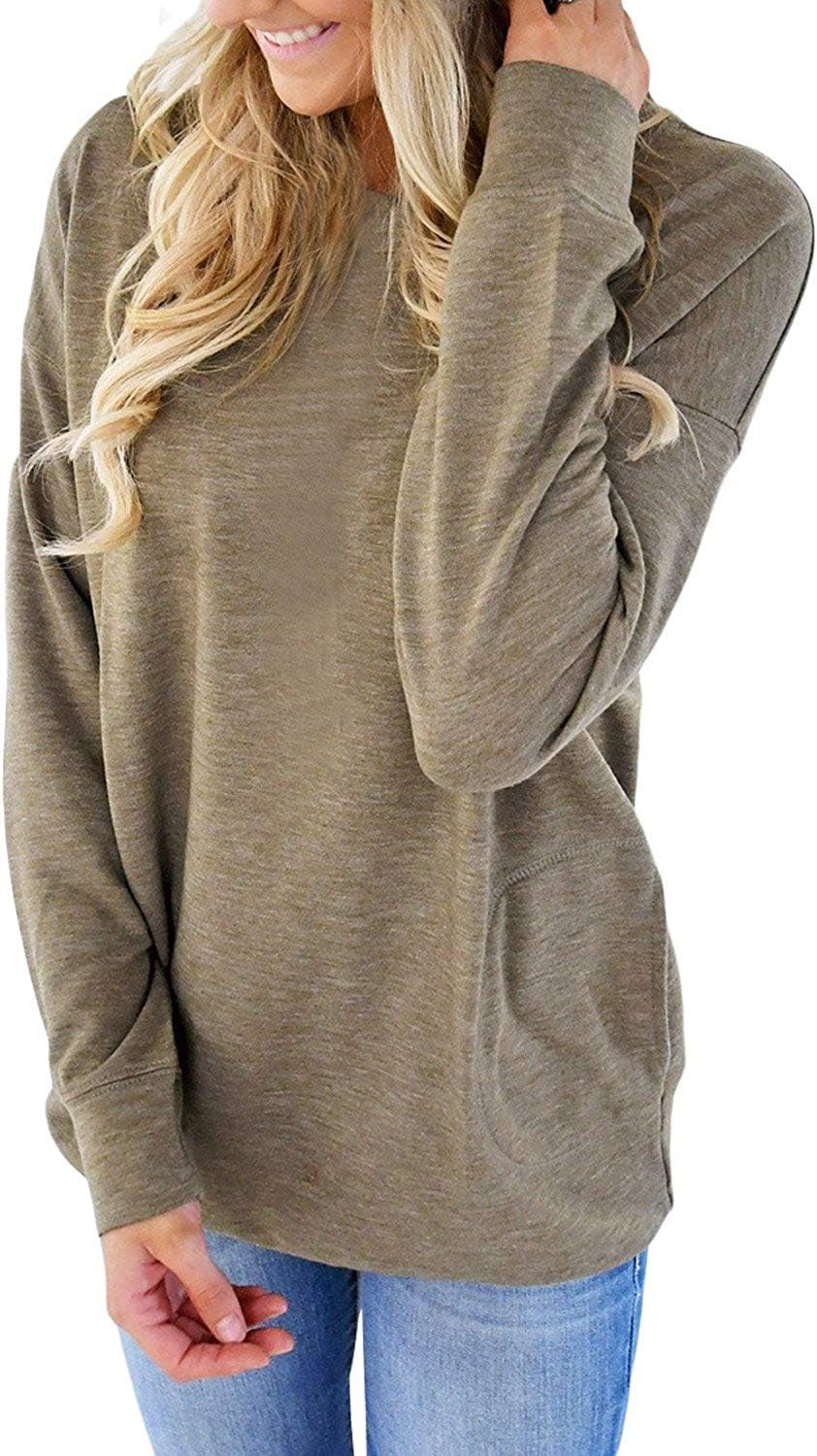 SODIKA Women Casual Long Sleeve Round Neck Sweatshirt Loose T Shirt Blouses Tops