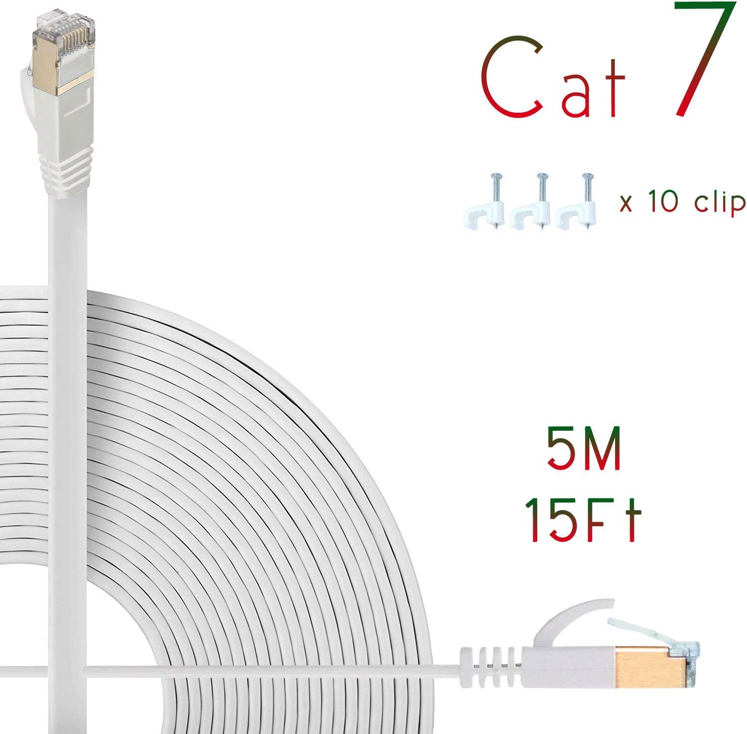 Cat7 Ethernet Cable 5m, Cat7 Lan Network RJ45 High Speed 10Gbps 600Mhz Patch Flat Cable STP Copper Wires Shielded Internet Cord for Xbox,PS4,PS3,Modem,Router,LAN,Switch, Comes with Cable Clips (White)