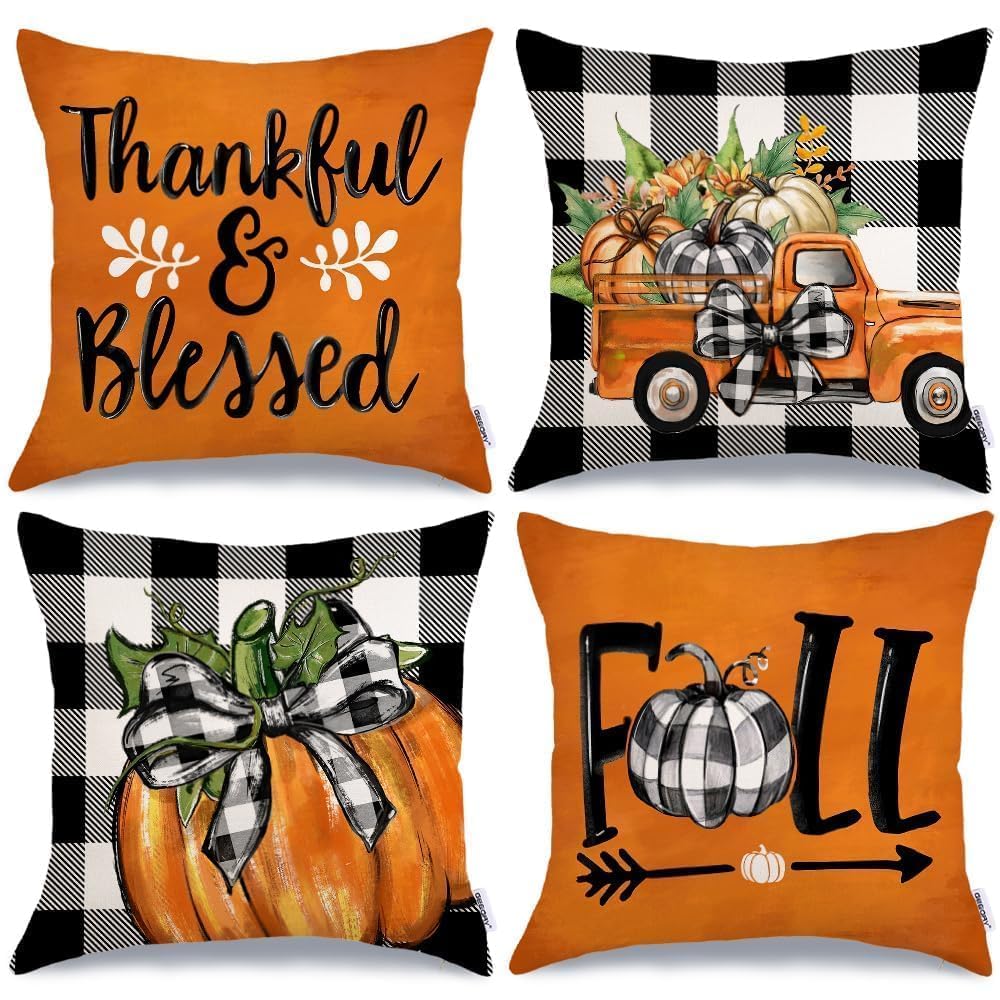 Photo 1 of **MISSING PARTS**
GEEORY Fall Decorative Throw Pillow Covers 18 x 18 Inch Set of 4, Pumpkins Thankful Blessed Buffalo Plaid Fall Decor Outdoor Farmhouse Pillow Cases for Home Couch (Orange Color) G337-18