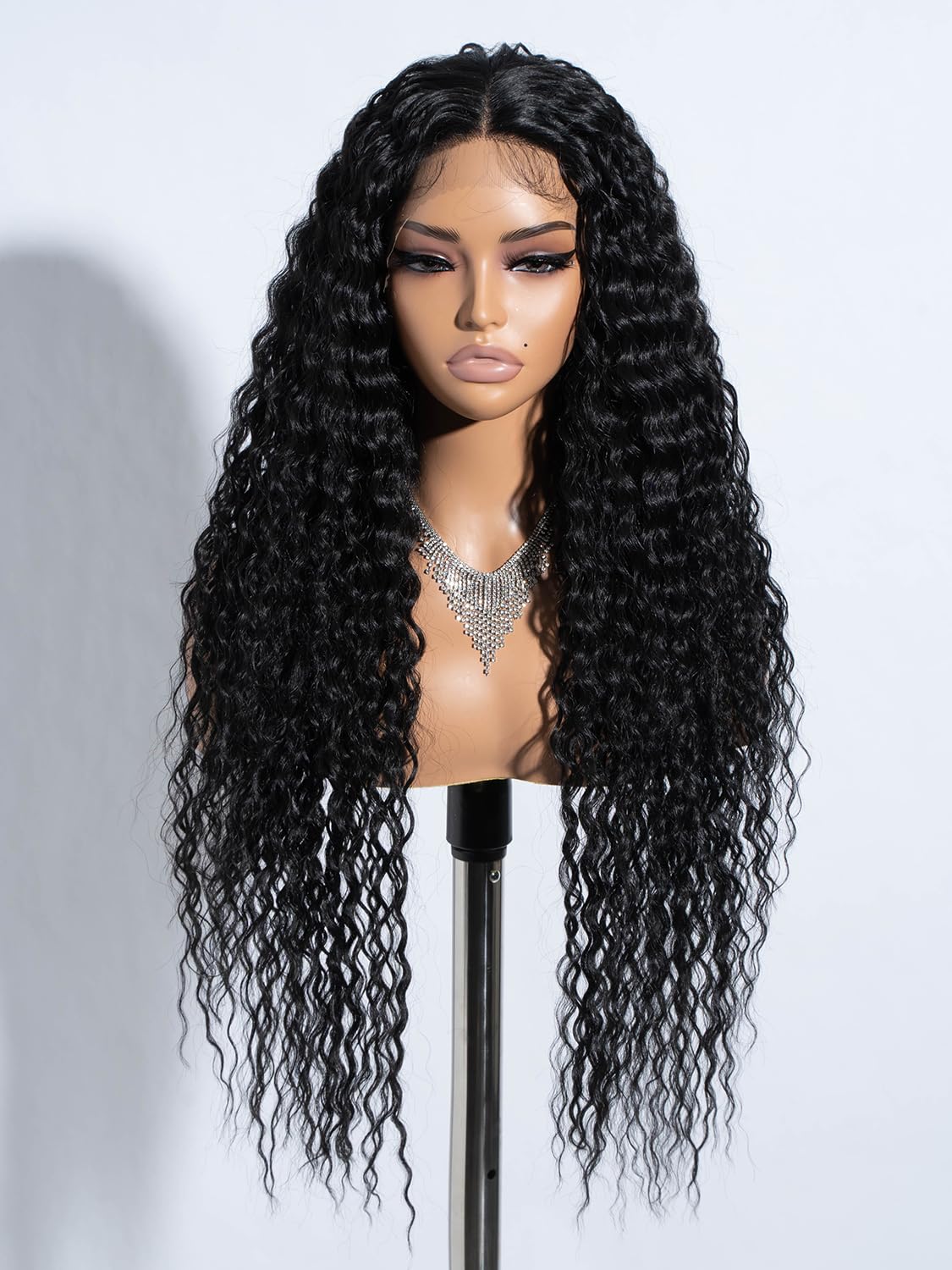 Joedir Long Deep Curly Wavy Lace Front Synthetic Wigs Glueless Lace Wig Black Wigs for Women 30 Inch Middle Part Natural Looking Heat Resistant Fiber Wig for Daily Party Use