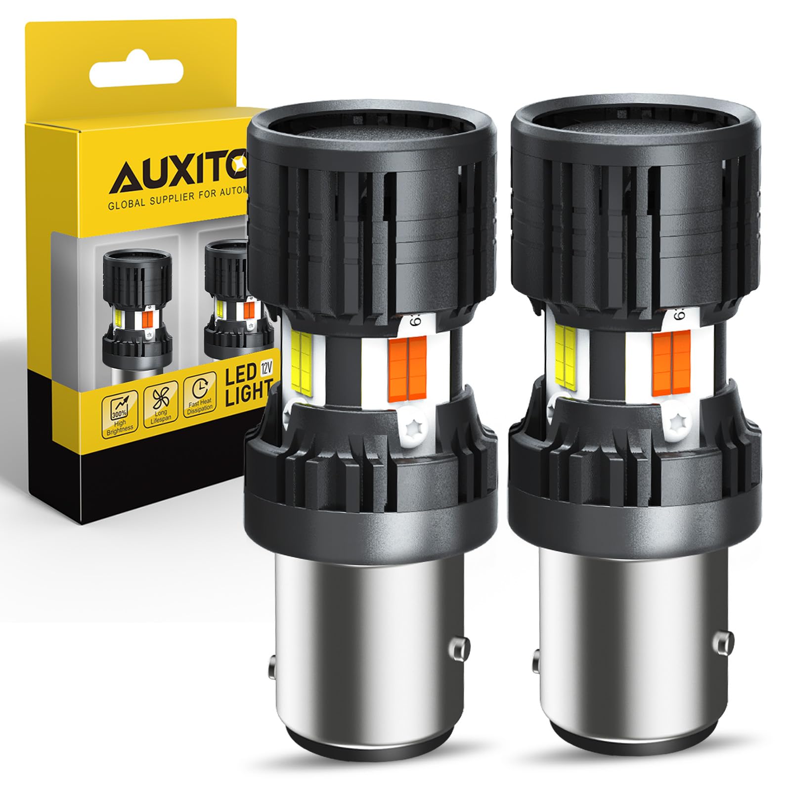 AUXITO CANBUS 1157 Switchback LED Bulbs 2357 2057 7528 BAY15D Dual Color Amber/White Anti Hyper Flash Built-in Resistor Error Free Turn Signal Lights and DRL/Parking Lights, Pack of 2 Image