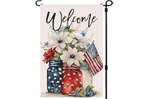 BLESHOPE Welcome 4th of July Garden Flags 12x18 Inch -Double Sided Heavy Duty Small Patriotic Mason Jar Flowers Red Blue Memorial Day Independence Day Holiday Yard Flags UV protection Fade Resistant for Holiday Decoration Outdoor