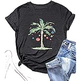 Christmas Palm Tree Shirts for Women Funny Hawaiian Beach Tropical Xmas Top Short Sleeve Casual Graphic Print T Shirt