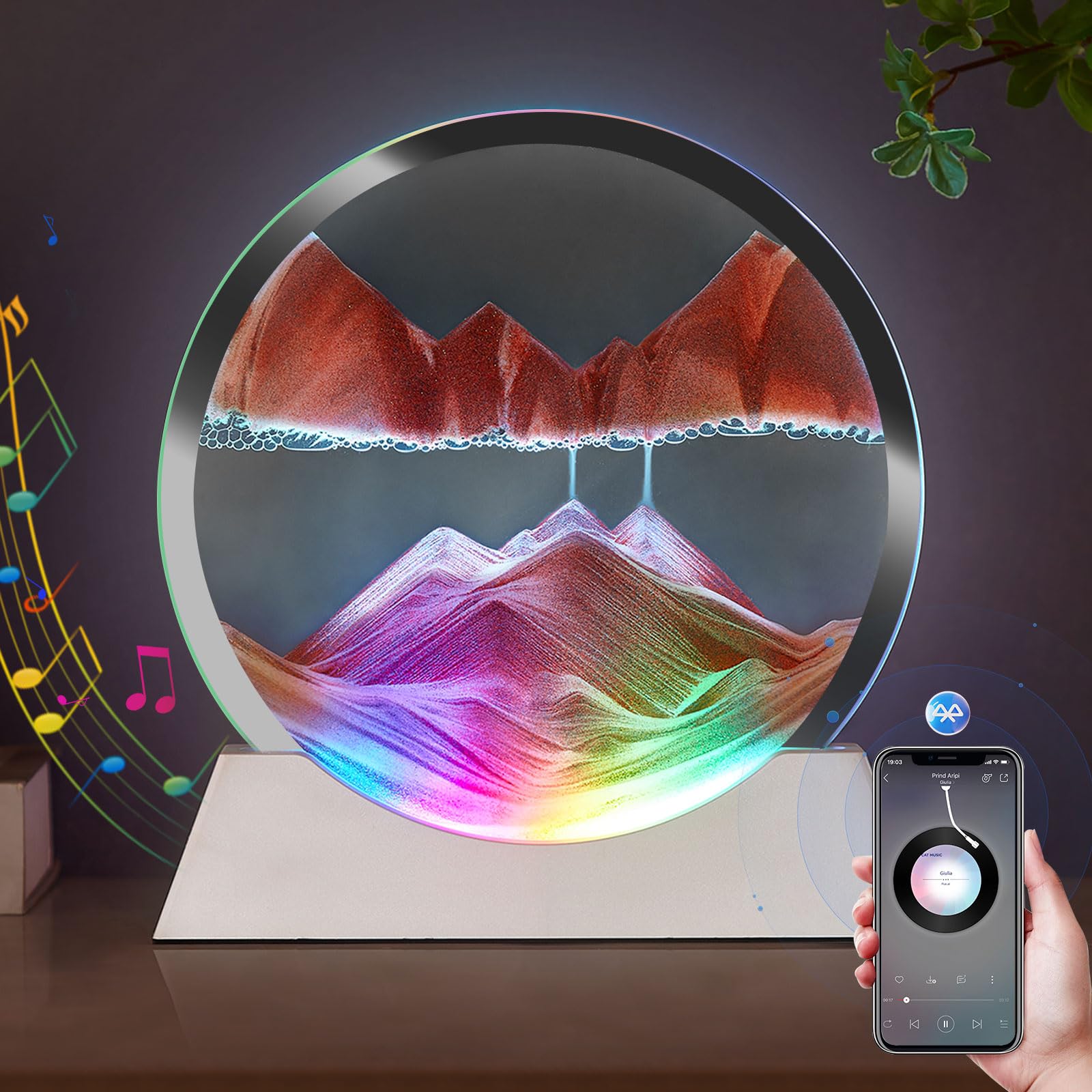 OLYWEI Moving Sand Art Bluetooth Speaker Bedside Lamp Dimmable Multi-Color Changing Bedside Lamp, Sand Art Lamp for Home Decor/Relaxation/Party/Music/Gift-Yellow