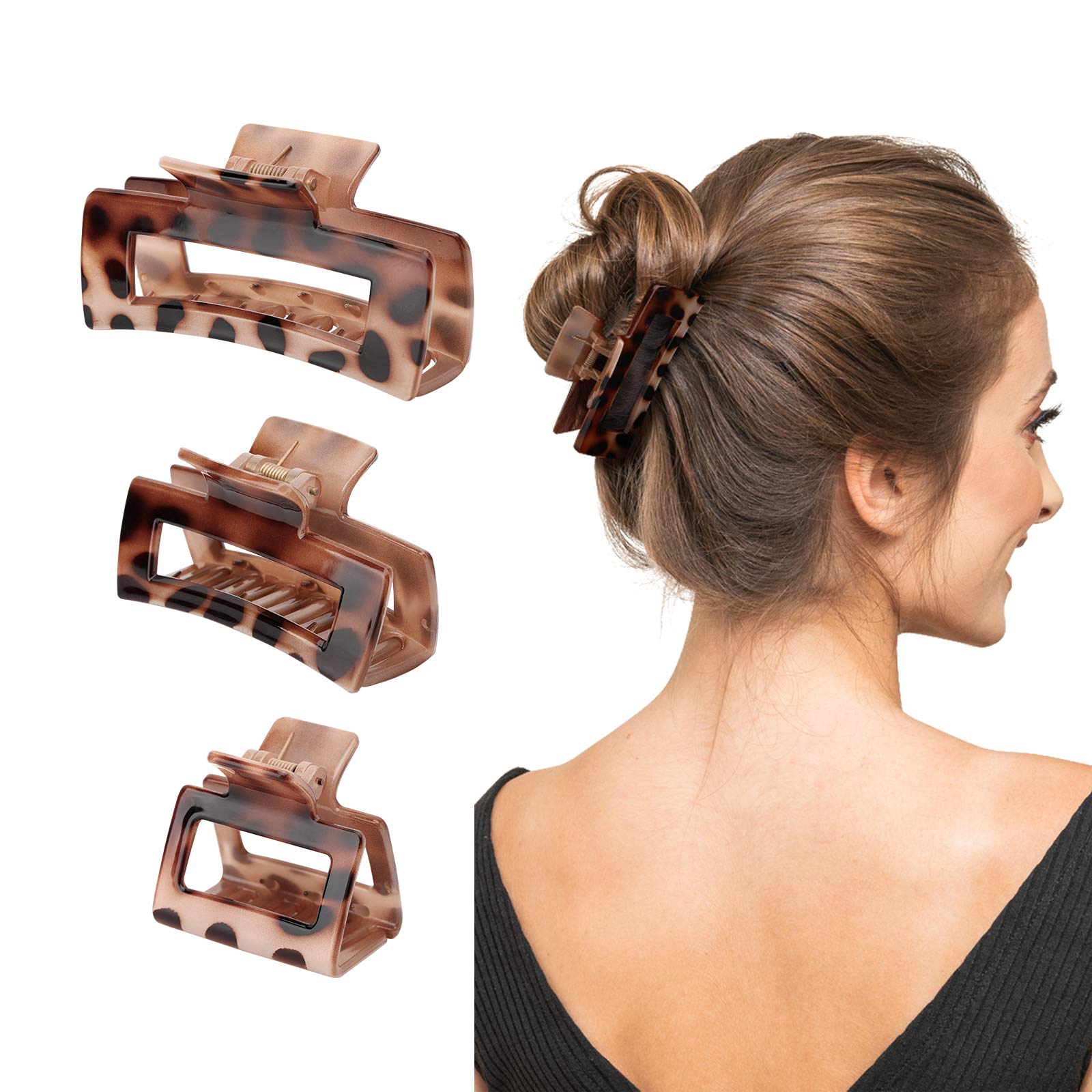 Shinowa Set of 3 Non-Slip Hair Clips for Women, Large Plastic Claw Clips, 3 Sizes Large Medium Small Hair Accessories for Women Girls, Leopard