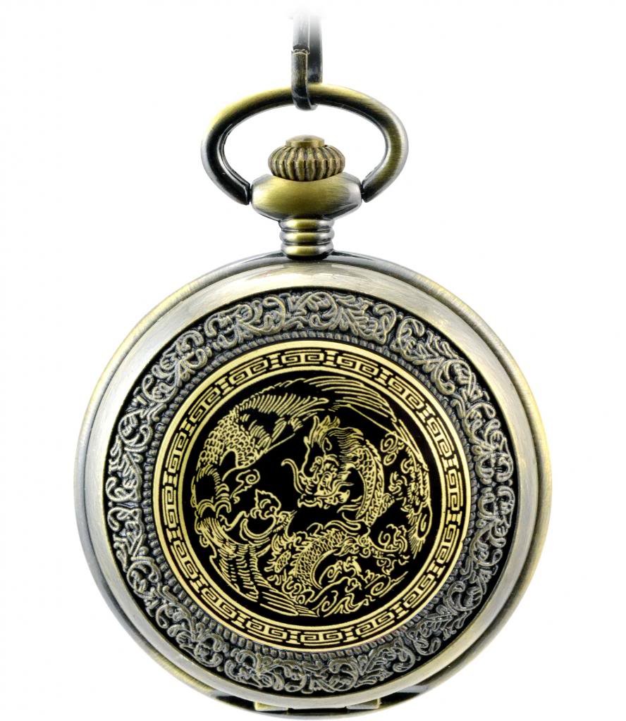 Infinite U Dragon and Phoenix Roman Numerals Hollow Skeleton Steel Mechanical Pocket Watch Bronze