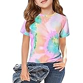 Haloumoning Girls Tie Dye Short Sleeve Shirt Kids Summer Fashion Crewneck Tops Casual Tees 5-14 Years