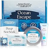 Nurture by Nature Ocean Escape Spa Gift Baskets for Women - 4 Piece Ocean Home Self Care Gift Set with Body Scrub, Bath Salts, Soap & Hand Cream - Pamper Gifts for Women Relax - Cruelty Free & Vegan