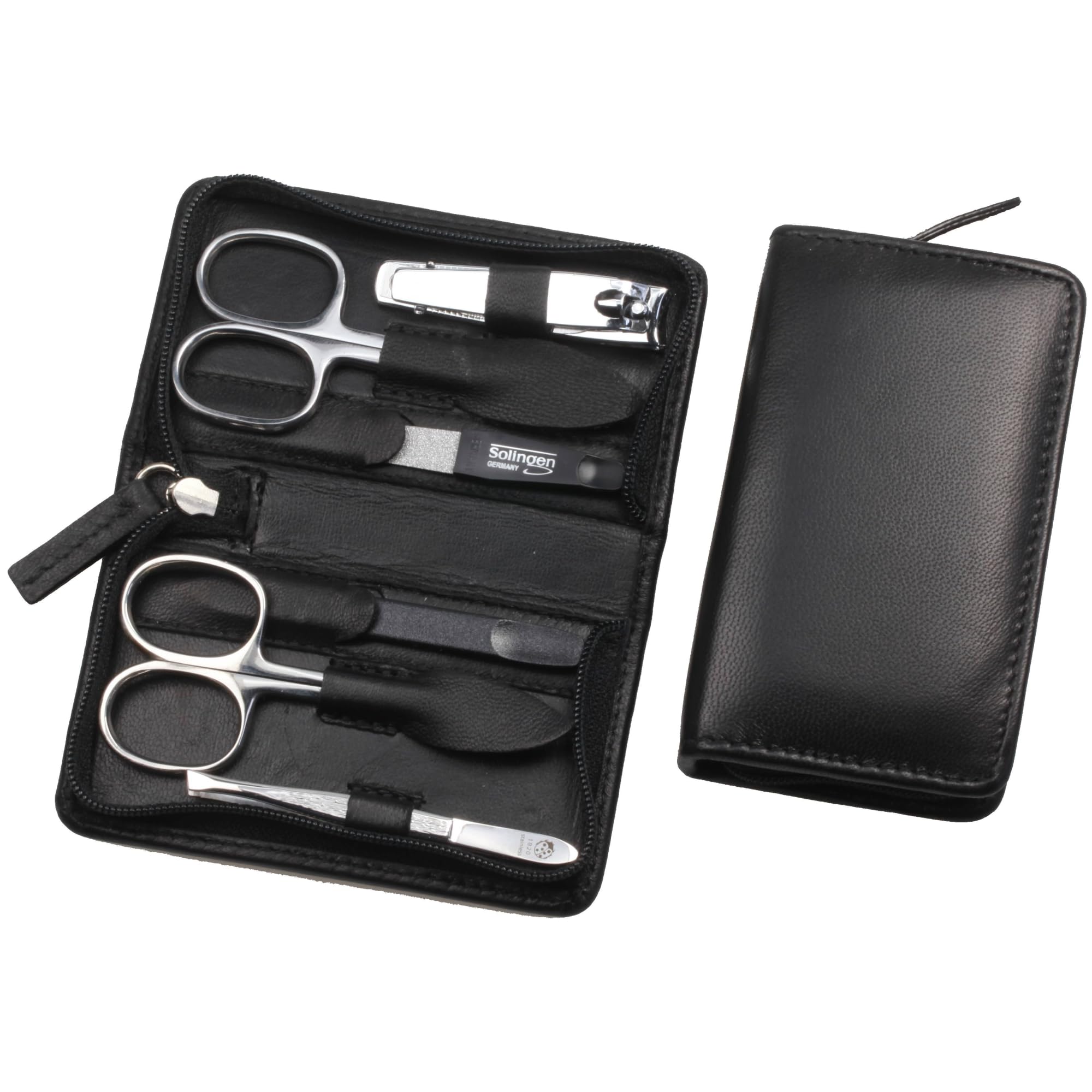 Sonnenschein by Hans Kniebes Manicure Set 6 Pieces Nail Scissors, Cuticle Scissors, Nail Clippers, Nail File, Tweezers, Double Instrument, Nail Care Set Nappa Lambskin Manicure Case