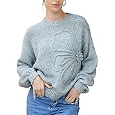 IQWVP Women’s Knit Sweater Pullover Crewneck Long Sleeve Casual Loose Fit Jumper 3D Floral Ribbed Top