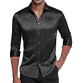 Damipow Men's Silk Satin Dress Shirts Long Sleeve Casual Button Down Shirt Party Prom Wedding Shirt