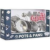Playkidz Stainless Steel Pots and Pans - Toy Cookware 9 Piece Playset for Kids Pretend Play House - Great Birthday Gift for Girls