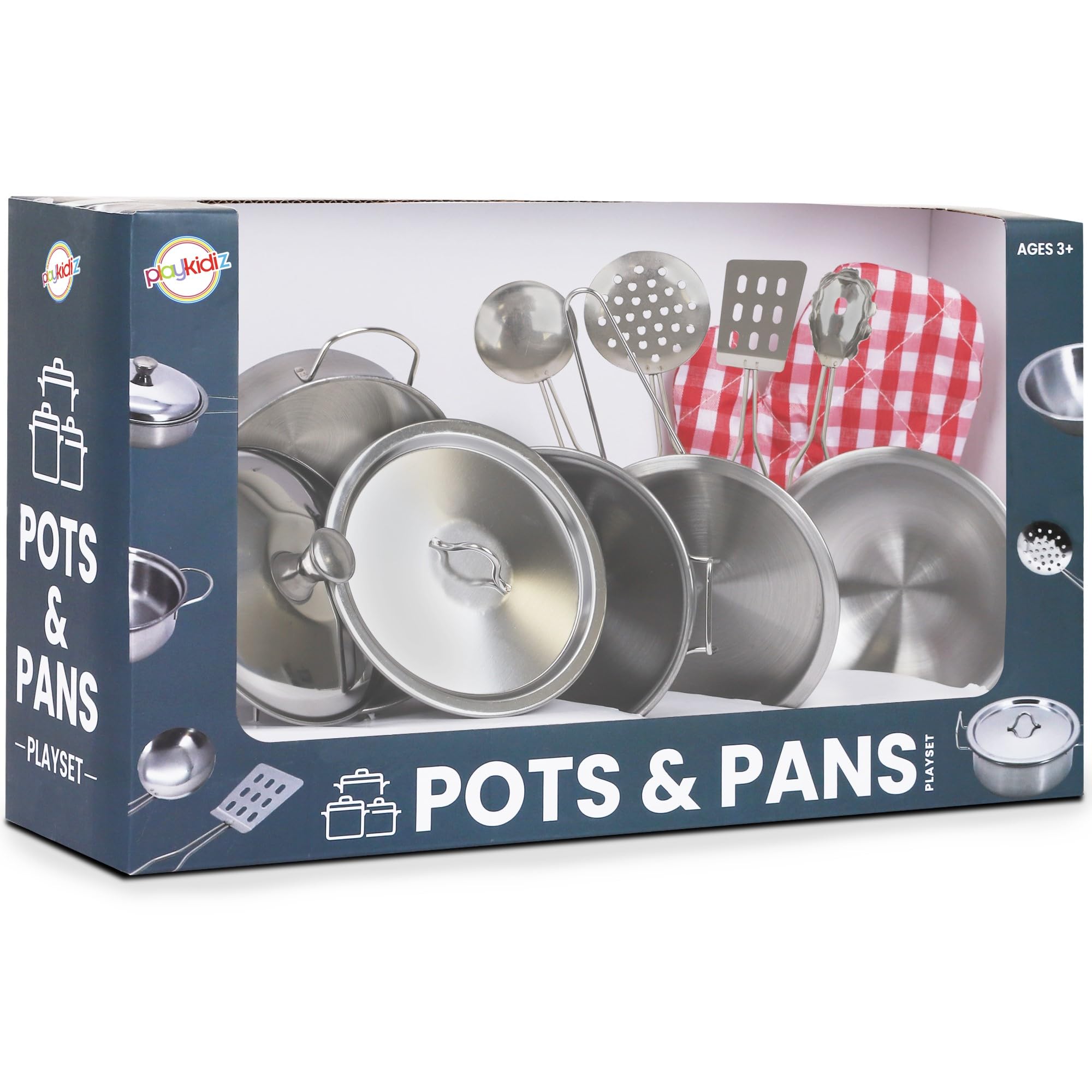 playkidz Super Durable 11 Piece Stainless Steel Pots and Pans Toy Kitchen Cookware Playset for Kids Pretend Play House, Silver