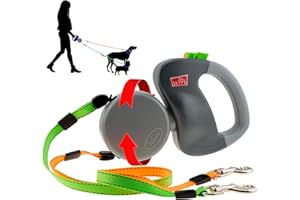 WIGZI - 2025 Enhanced Edition - Dual (2) Dog Retractable Leash, Auto-Untangles, Supports Up To 50lb Dogs, 10ft Distance Each Dog, Color-Coded Control, Reflective Leads, Waterproof, Gray Color