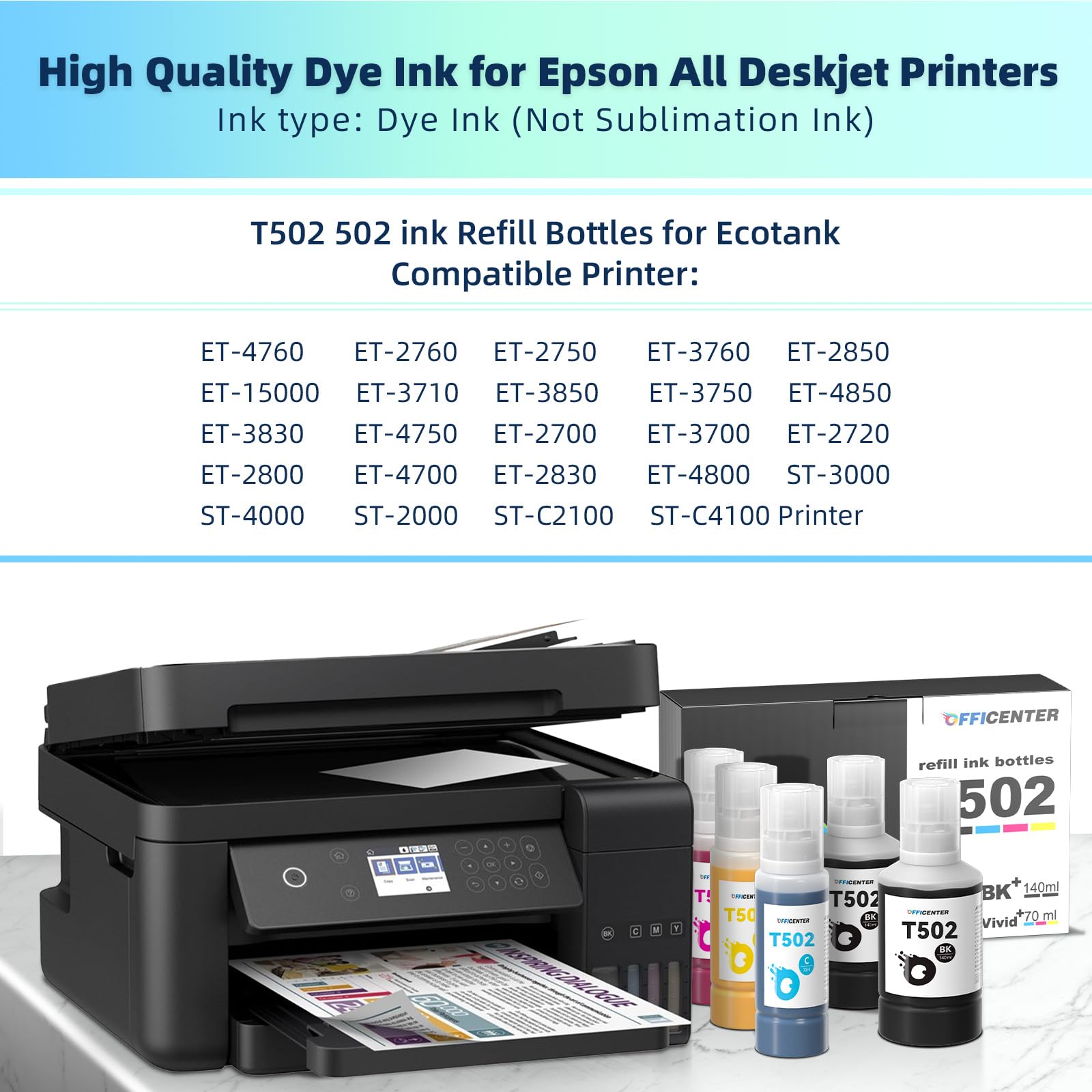 T502 502 Ink Refill Bottles for Ecotank ET2760 ET-4760 ET2750 ET-3760 ET-2850 ET-15000 ST-4000 ST-2000 ET-3710 ET-3850 ET-3750 ET-4850 ET-3830 ET4750 ET2700 ST3000 ET3700 Printer(2BK C M Y)