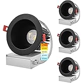 LUXRITE 4 Inch LED Recessed Lighting with Junction Box, 18W, CRI 90, 5 Color Selectable 2700K-5000K, 1500 Lumens, Regressed LED Downlight, 40° Beam, Dimmable, Wet Rated, IC Rated - Black (4 Pack)