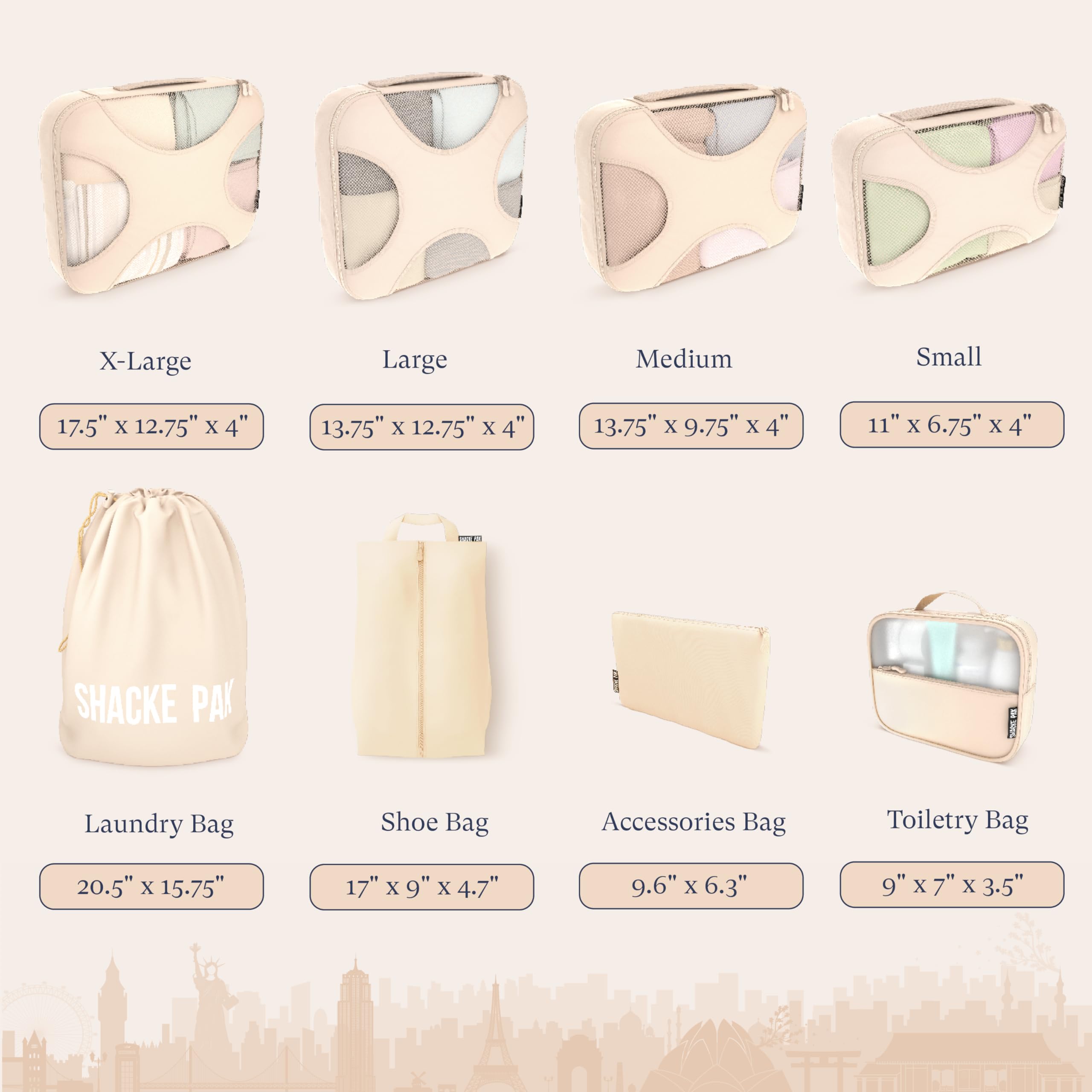 Shacke 8 Set Packing Cubes for Travel Lightweight Luggage Organizer (Cream)