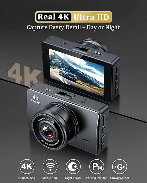 DASH CAM FRONT AND REAR, DASH CAMERA FOR CARS 4K+1080, DASHCAM BUILT-IN WIFI, APP CONTROL, 32GB CARD INCLUDED, 3″ IPS TOUCH SCREEN, 24H PARKING MONITOR, NIGHT VISION, G-SENSOR