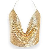 Womens Sexy Sparkly Chain Top Metallic Sequin Rhinestone Halter Backless Crop Outfit EDM Party Club Tank Shirt