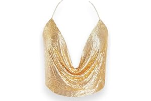 GOCVSIFBUS Womens Sexy Sparkly Chain Top Metallic Sequin Rhinestone Halter Backless Crop Outfit EDM Party Club Tank Shirt