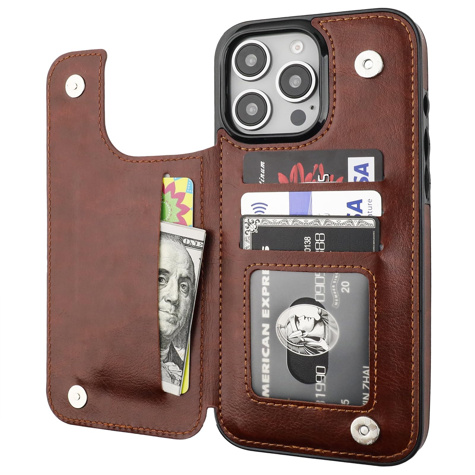 Photo 1 of ONETOP Compatible with iPhone 16 Pro Max Wallet Case with Card Holder, PU Leather Kickstand Card Slots Case, Double Magnetic Clasp and Durable Shockproof Cover 6.9 Inch (Brown)