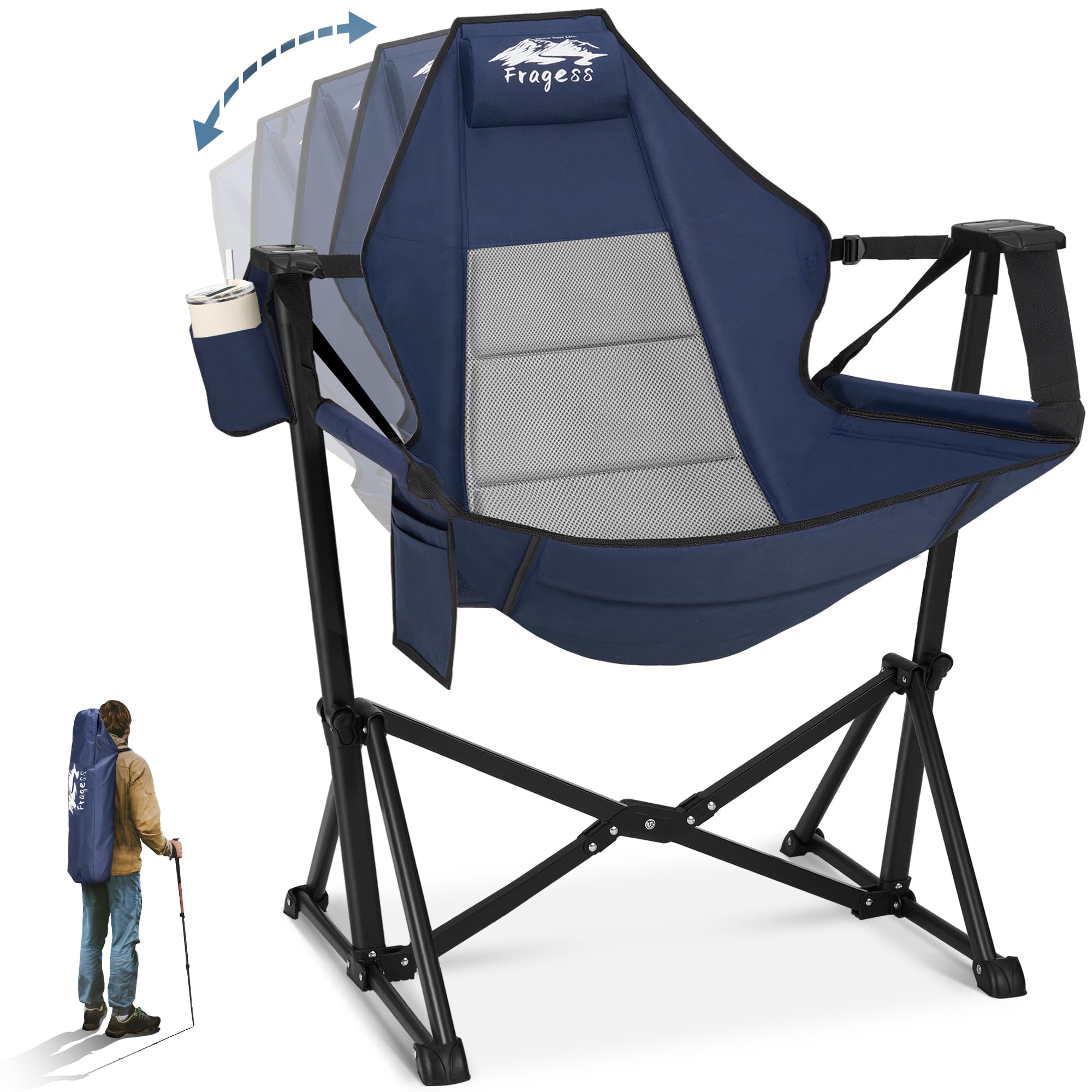 Photo 1 of Fragess Hammock Camping Chair, Portable Camping Hammock Chair with Adjustable Back, Folding Hammock Chair Supports 330lbs, Rocking Camping Chair for Lawn, Camping, Patio, Traveling, Stargazer-Blue