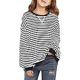 Haloumoning Girls Striped Crewneck Sweatshirt Kids Long Sleeve Oversized Fashion Pullover Tops Fall Clothes 5-14 Years