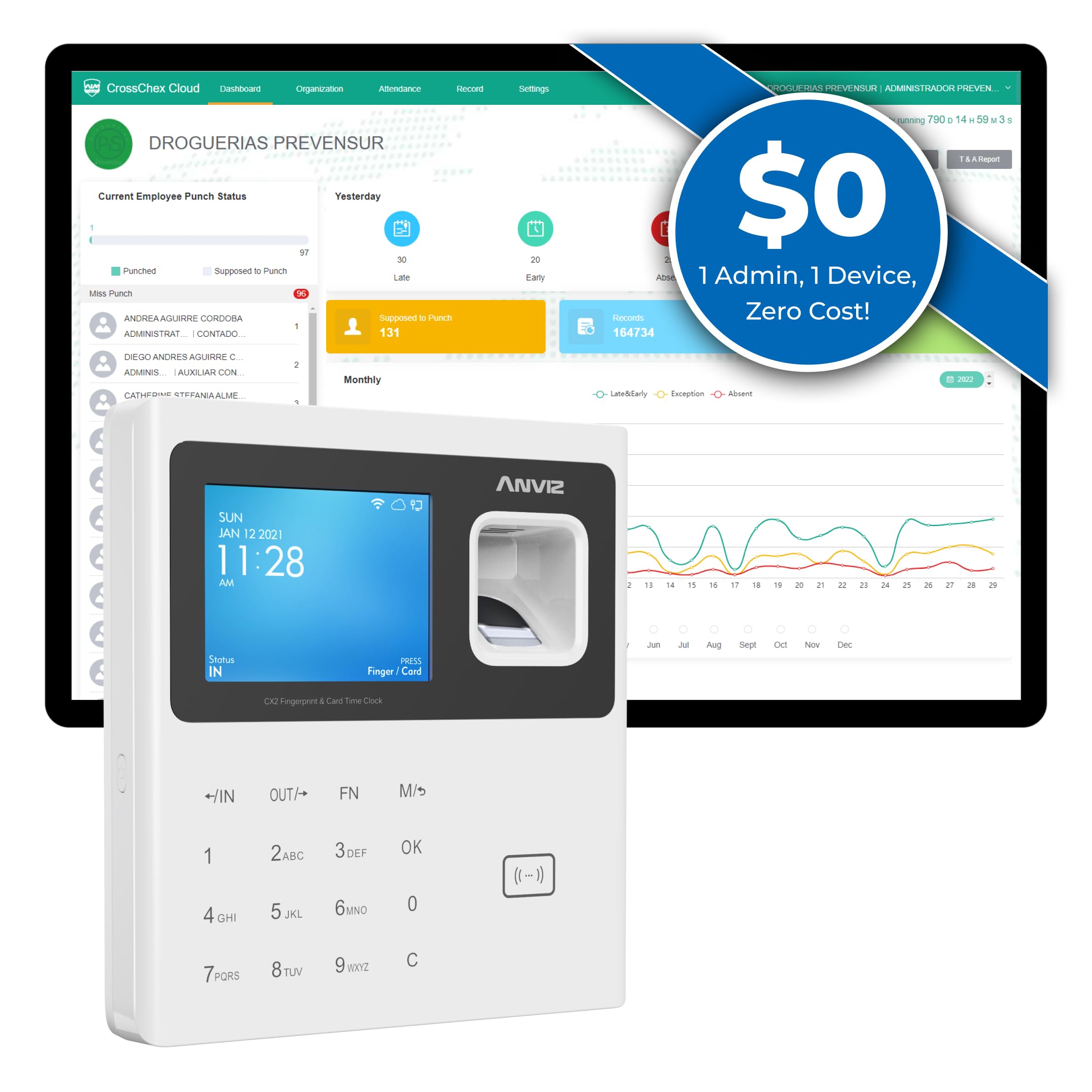 ANVIZ Time Clocks for Employees Small Business – CX2 Fingerprint Biometric Clock in and Out Machine – Forever Free Cloud Software, White