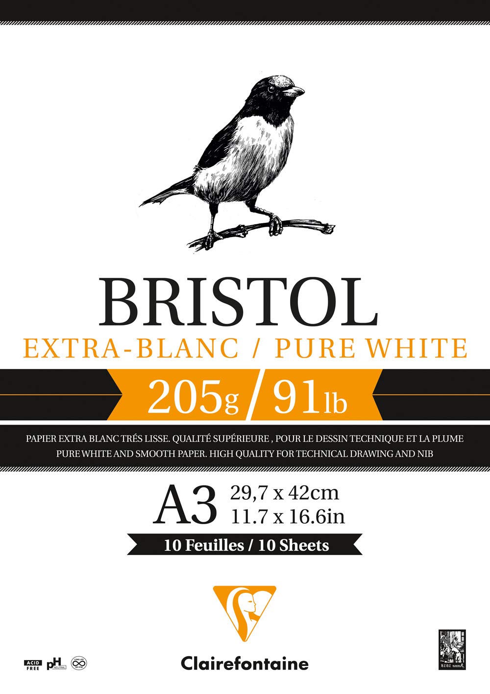 Clairefontaine - Ref 96172C - Bristol Extra White Paper Pad (20 Sheets) - A3 (420 x 297mm) Size, 205gsm Paper - Suitable for Pencil, Technical Pen, Indian Ink, Felt Nibs