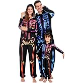 Patgoal Halloween Skeleton Costumes Matching Family One Piece Hooded Jumpsuit Bodysuit for Men Women Kids Couples Adult