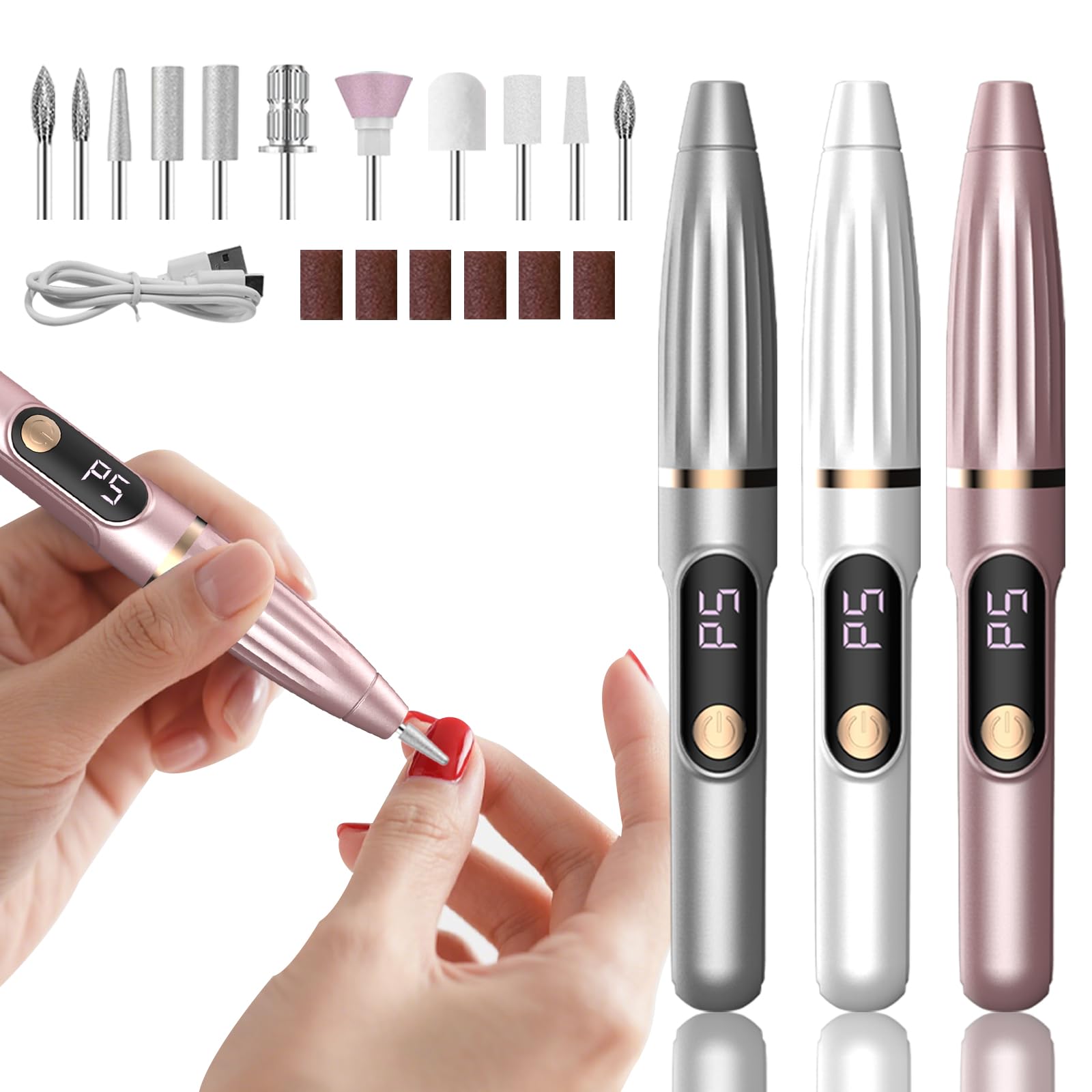 ネイルマシン 電動ネイルマシン LEDデジタル表示搭載 高速回転 スピード調節可能 コードレス Type-c充電式 ネイルドリル 専用ビット11個セット マニキュア対応 ネイルケア 爪磨き 甘皮処理 正逆回転 低騒音 セルフオフ コンパクト 自宅用 サロン用 プロ用 初心者 ネイルマシーン ジェルネイル(ローズゴールド)商品画像