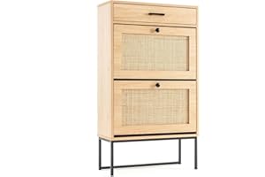Mixcous Rattan Shoe Cabinet Storage for Entryway Slim with 2 Flip Drawer Door, Narrow Hidden Shoe Organizer Cabinet, Freestanding Shoe Closet for Small Space Entrance Front Door Hallway