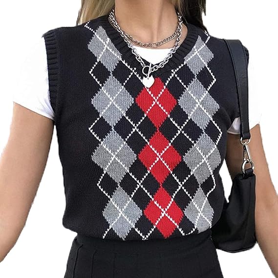Amazon レディース セーター ベスト プレッピースタイル アーガイル格子柄 ニットウェア Vネック ノースリーブ クロップタンクトップ ストリートウェア Us サイズ Small カラー ブラック ベスト 通販